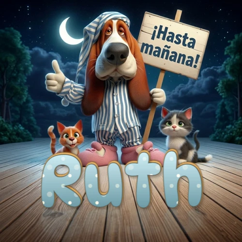 Perro con pijama de rayas y gorro de dormir, parado junto a dos gatitos pequeños sosteniendo un cartel de madera con la frase '¡Hasta mañana!', en un paisaje nocturno exterior bajo la luz de la media luna. El nombre está escrito con letra celeste punteada en blanco en el primer plano sobre el piso de madera. Nombre personalizado: Ruth.