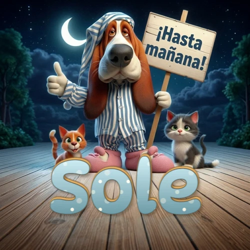 Perro con pijama de rayas y gorro de dormir, parado junto a dos gatitos pequeños sosteniendo un cartel de madera con la frase '¡Hasta mañana!', en un paisaje nocturno exterior bajo la luz de la media luna. El nombre está escrito con letra celeste punteada en blanco en el primer plano sobre el piso de madera. Nombre personalizado: Sole.