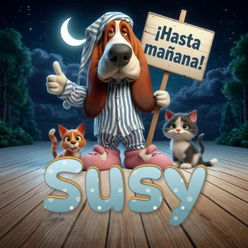 Perro con pijama de rayas y gorro de dormir, parado junto a dos gatitos pequeños sosteniendo un cartel de madera con la frase '¡Hasta mañana!', en un paisaje nocturno exterior bajo la luz de la media luna. El nombre está escrito con letra celeste punteada en blanco en el primer plano sobre el piso de madera. Nombre personalizado: Susy.