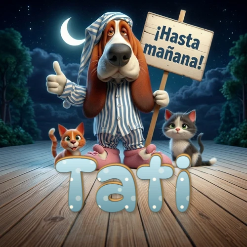 Perro con pijama de rayas y gorro de dormir, parado junto a dos gatitos pequeños sosteniendo un cartel de madera con la frase '¡Hasta mañana!', en un paisaje nocturno exterior bajo la luz de la media luna. El nombre está escrito con letra celeste punteada en blanco en el primer plano sobre el piso de madera. Nombre personalizado: Tati. Perro con pijama de rayas y gorro de dormir, parado junto a dos gatitos pequeños sosteniendo un cartel de madera con la frase '¡Hasta mañana!', en un paisaje nocturno exterior bajo la luz de la media luna. El nombre está escrito con letra celeste punteada en blanco en el primer plano sobre el piso de madera. Nombre personalizado: Tati.
