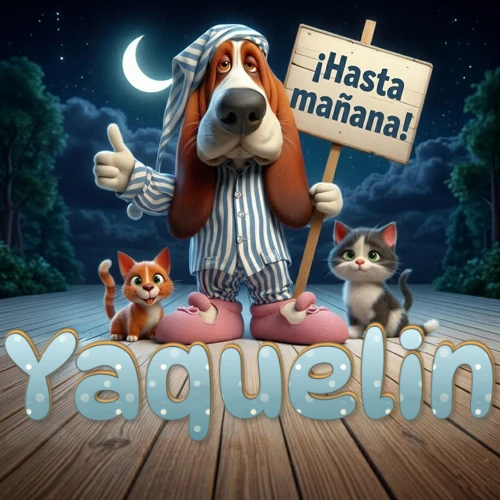 Perro con pijama de rayas y gorro de dormir, parado junto a dos gatitos pequeños sosteniendo un cartel de madera con la frase '¡Hasta mañana!', en un paisaje nocturno exterior bajo la luz de la media luna. El nombre está escrito con letra celeste punteada en blanco en el primer plano sobre el piso de madera. Nombre personalizado: Yaquelin.