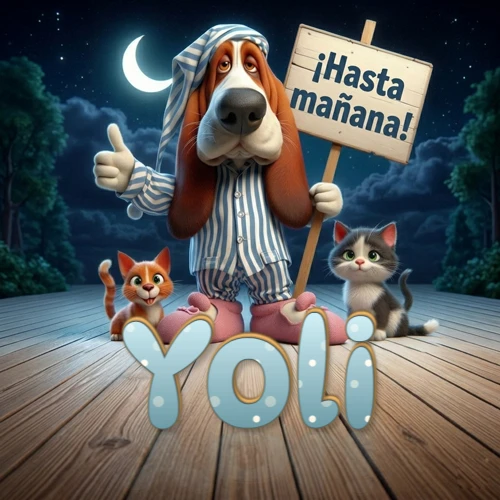 Perro con pijama de rayas y gorro de dormir, parado junto a dos gatitos pequeños sosteniendo un cartel de madera con la frase '¡Hasta mañana!', en un paisaje nocturno exterior bajo la luz de la media luna. El nombre está escrito con letra celeste punteada en blanco en el primer plano sobre el piso de madera. Nombre personalizado: Yoli.