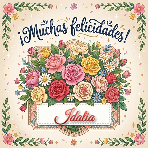 Estilo clásico y delicado. Un enorme y lujoso ramo de flores coloridas como rosas y jazmines en tonos rosa, amarillo y rojo. Texto superior 