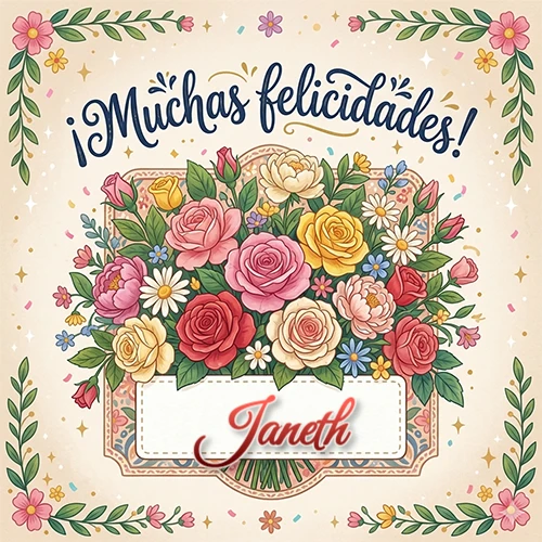 Estilo clásico y delicado. Un enorme y lujoso ramo de flores coloridas como rosas y jazmines en tonos rosa, amarillo y rojo. Texto superior 