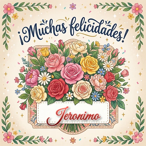 Estilo clásico y delicado. Un enorme y lujoso ramo de flores coloridas como rosas y jazmines en tonos rosa, amarillo y rojo. Texto superior 