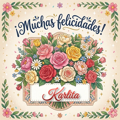 Estilo clásico y delicado. Un enorme y lujoso ramo de flores coloridas como rosas y jazmines en tonos rosa, amarillo y rojo. Texto superior 