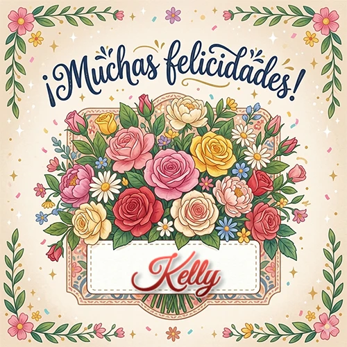 Estilo clásico y delicado. Un enorme y lujoso ramo de flores coloridas como rosas y jazmines en tonos rosa, amarillo y rojo. Texto superior 