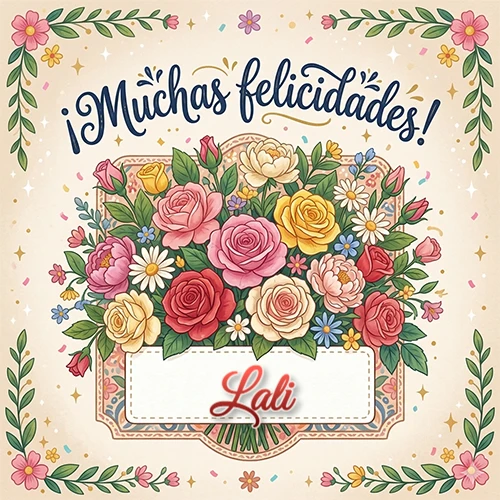 Estilo clásico y delicado. Un enorme y lujoso ramo de flores coloridas como rosas y jazmines en tonos rosa, amarillo y rojo. Texto superior 