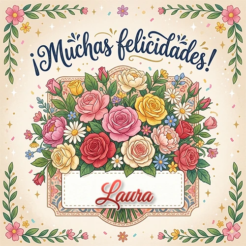 Estilo clásico y delicado. Un enorme y lujoso ramo de flores coloridas como rosas y jazmines en tonos rosa, amarillo y rojo. Texto superior 