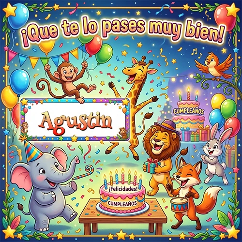Diseño alegre e infantil. Animales de la selva (elefante, jirafa, león, mono) celebrando. Texto 