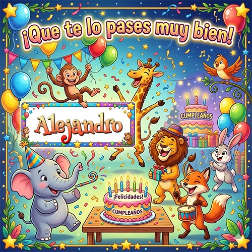 Diseño alegre e infantil. Animales de la selva (elefante, jirafa, león, mono) celebrando. Texto 