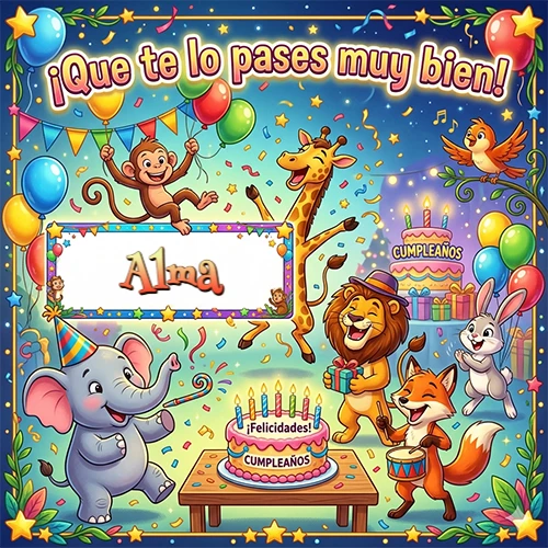 Diseño alegre e infantil. Animales de la selva (elefante, jirafa, león, mono) celebrando. Texto 