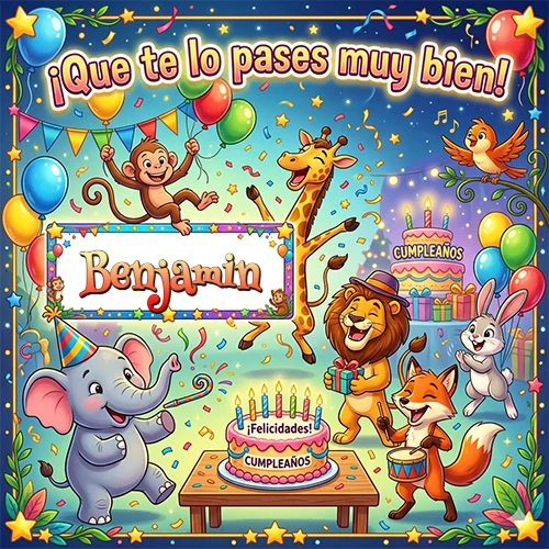Diseño alegre e infantil. Animales de la selva (elefante, jirafa, león, mono) celebrando. Texto 