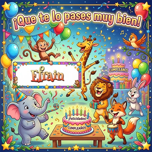 Diseño alegre e infantil. Animales de la selva (elefante, jirafa, león, mono) celebrando. Texto 