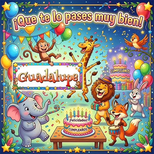 Diseño alegre e infantil. Animales de la selva (elefante, jirafa, león, mono) celebrando. Texto 