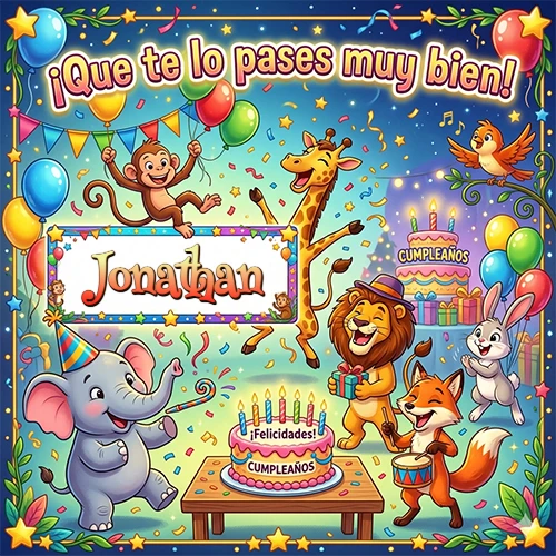 Diseño alegre e infantil. Animales de la selva (elefante, jirafa, león, mono) celebrando. Texto 