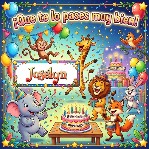 Diseño alegre e infantil. Animales de la selva (elefante, jirafa, león, mono) celebrando. Texto 
