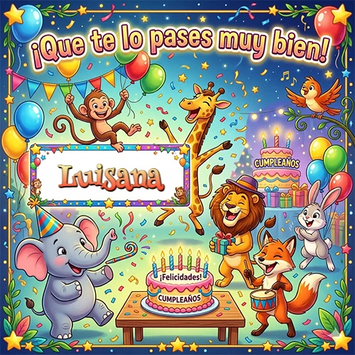 Diseño alegre e infantil. Animales de la selva (elefante, jirafa, león, mono) celebrando. Texto 