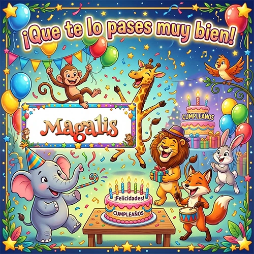 Diseño alegre e infantil. Animales de la selva (elefante, jirafa, león, mono) celebrando. Texto Diseño alegre e infantil. Animales de la selva (elefante, jirafa, león, mono) celebrando. Texto