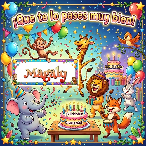 Diseño alegre e infantil. Animales de la selva (elefante, jirafa, león, mono) celebrando. Texto 