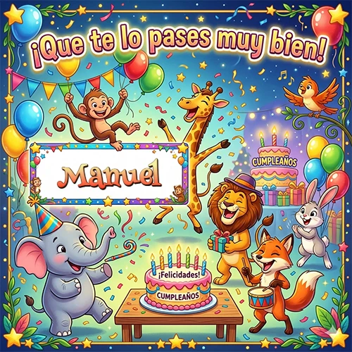 Diseño alegre e infantil. Animales de la selva (elefante, jirafa, león, mono) celebrando. Texto 