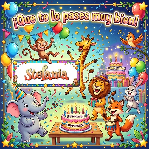 Diseño alegre e infantil. Animales de la selva (elefante, jirafa, león, mono) celebrando. Texto 