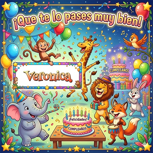 Diseño alegre e infantil. Animales de la selva (elefante, jirafa, león, mono) celebrando. Texto 