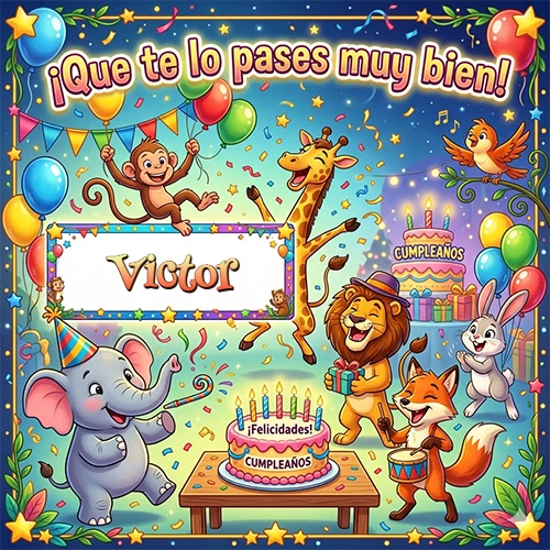 Diseño alegre e infantil. Animales de la selva (elefante, jirafa, león, mono) celebrando. Texto Diseño alegre e infantil. Animales de la selva (elefante, jirafa, león, mono) celebrando. Texto