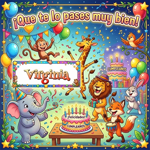 Diseño alegre e infantil. Animales de la selva (elefante, jirafa, león, mono) celebrando. Texto 