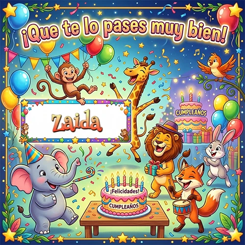 Diseño alegre e infantil. Animales de la selva (elefante, jirafa, león, mono) celebrando. Texto 