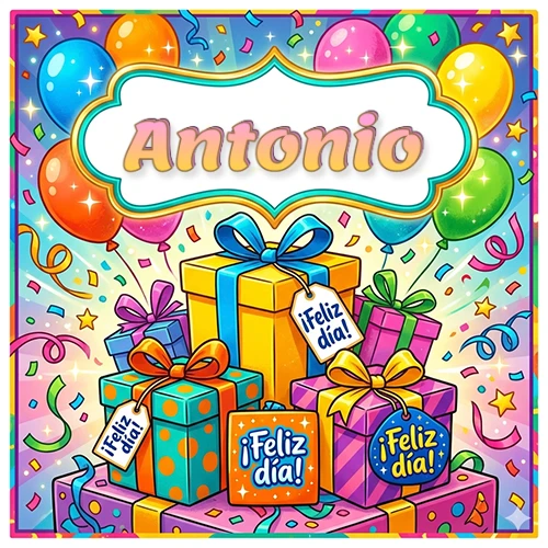 Ilustración colorida y vibrante. Cajas de regalo con papel brillante y cintas, etiquetas que dicen 