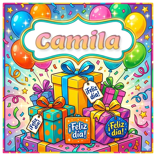 Ilustración colorida y vibrante. Cajas de regalo con papel brillante y cintas, etiquetas que dicen 