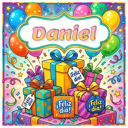 Ilustración colorida y vibrante. Cajas de regalo con papel brillante y cintas, etiquetas que dicen 