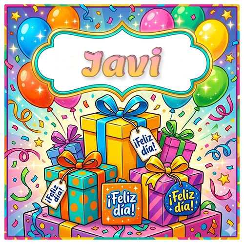 Ilustración colorida y vibrante. Cajas de regalo con papel brillante y cintas, etiquetas que dicen 