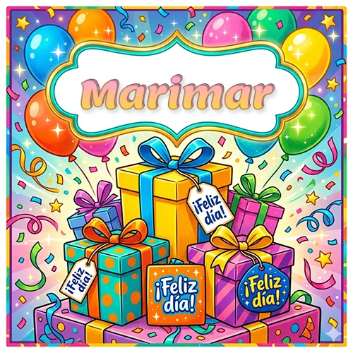 Ilustración colorida y vibrante. Cajas de regalo con papel brillante y cintas, etiquetas que dicen 