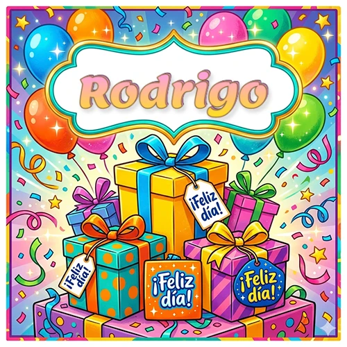 Ilustración colorida y vibrante. Cajas de regalo con papel brillante y cintas, etiquetas que dicen 