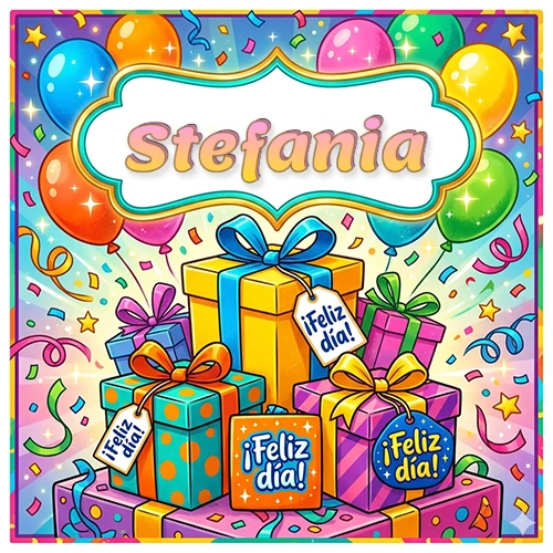 Ilustración colorida y vibrante. Cajas de regalo con papel brillante y cintas, etiquetas que dicen 