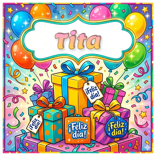 Ilustración colorida y vibrante. Cajas de regalo con papel brillante y cintas, etiquetas que dicen 