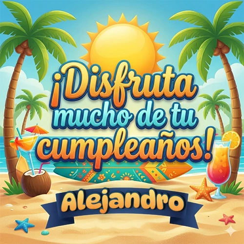 Diseño de playa veraniego. Palmeras, arena dorada y olas del mar claro. Texto 