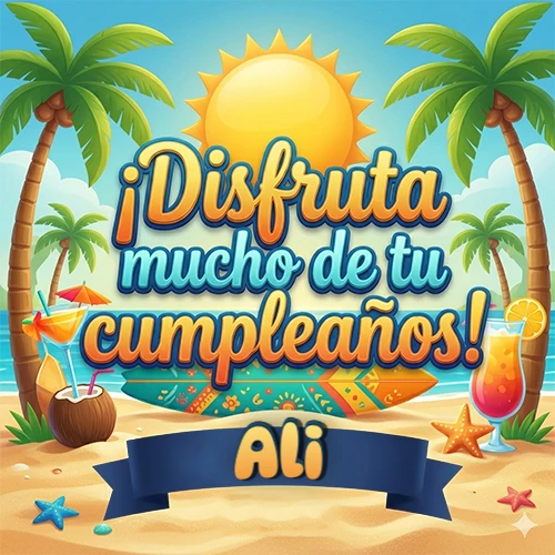 Diseño de playa veraniego. Palmeras, arena dorada y olas del mar claro. Texto 