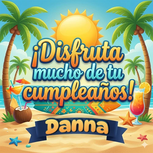 Diseño de playa veraniego. Palmeras, arena dorada y olas del mar claro. Texto 