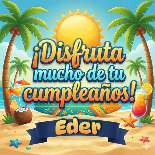 Diseño de playa veraniego. Palmeras, arena dorada y olas del mar claro. Texto 