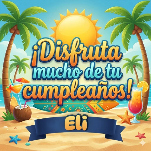 Diseño de playa veraniego. Palmeras, arena dorada y olas del mar claro. Texto 