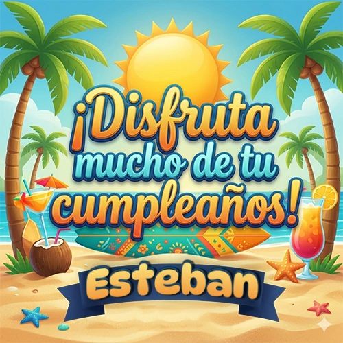 Diseño de playa veraniego. Palmeras, arena dorada y olas del mar claro. Texto 