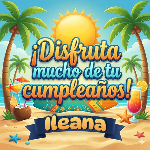 Diseño de playa veraniego. Palmeras, arena dorada y olas del mar claro. Texto 