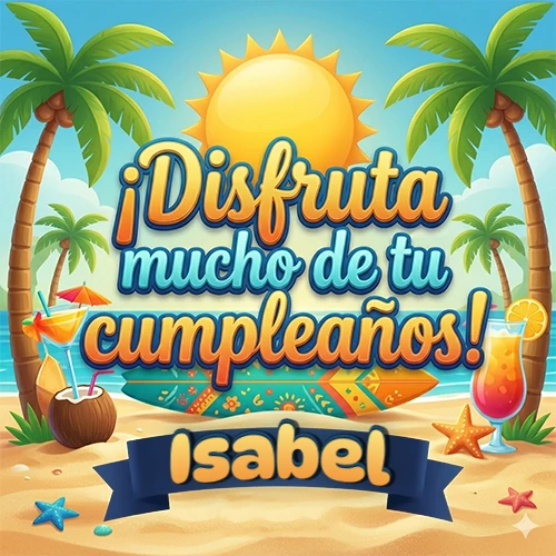 Diseño de playa veraniego. Palmeras, arena dorada y olas del mar claro. Texto 