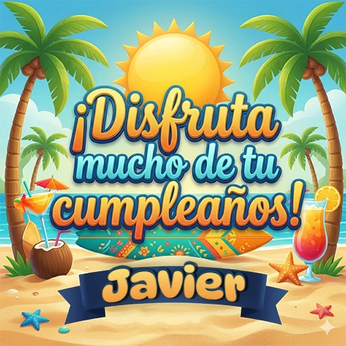 Diseño de playa veraniego. Palmeras, arena dorada y olas del mar claro. Texto 