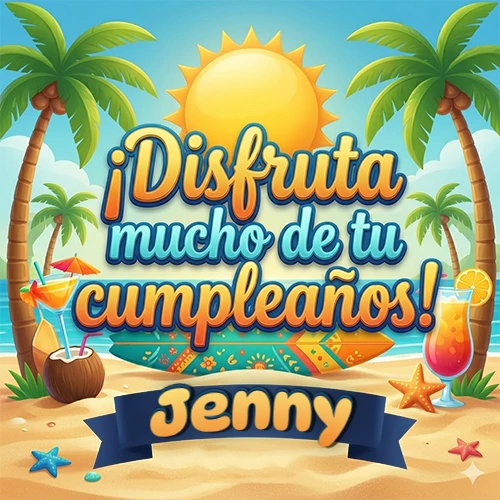 Diseño de playa veraniego. Palmeras, arena dorada y olas del mar claro. Texto 