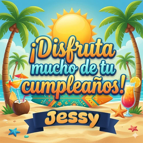 Diseño de playa veraniego. Palmeras, arena dorada y olas del mar claro. Texto 