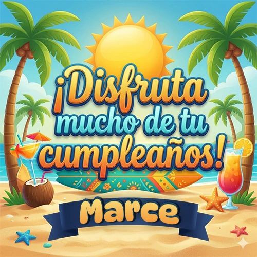 Diseño de playa veraniego. Palmeras, arena dorada y olas del mar claro. Texto 